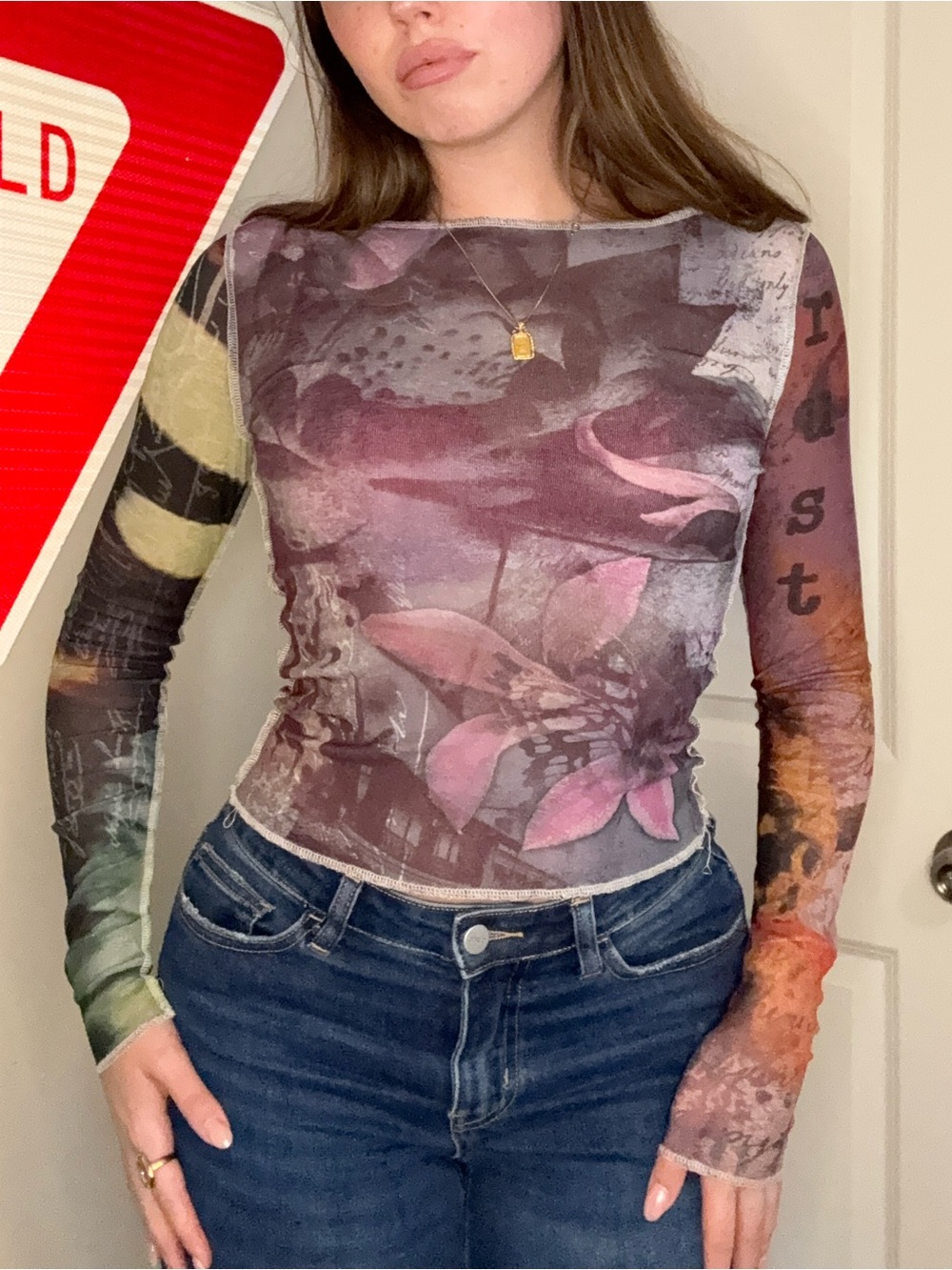 Urban Outfitters Multicolor Printed Sheer Long-Sleeve Mesh Top - Picture 2 of 4